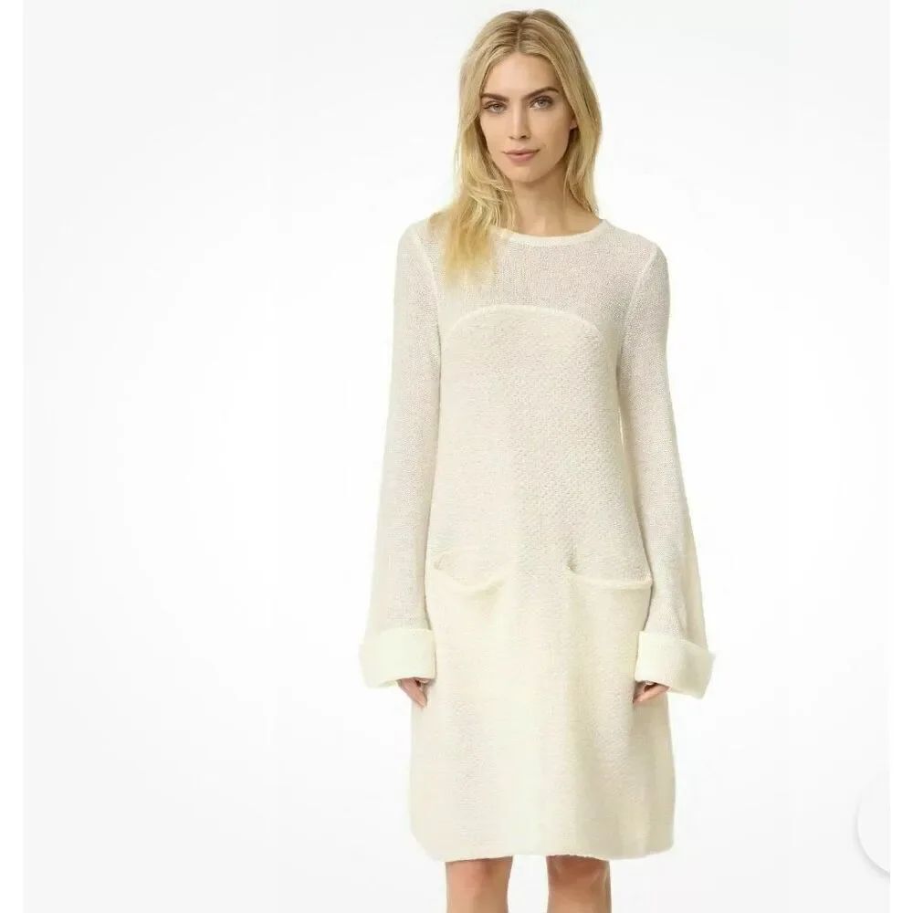 FREE PEOPLE white Rabbit Bell Sleeve A Line Wool/alpaca Zipper Sweater Dress S